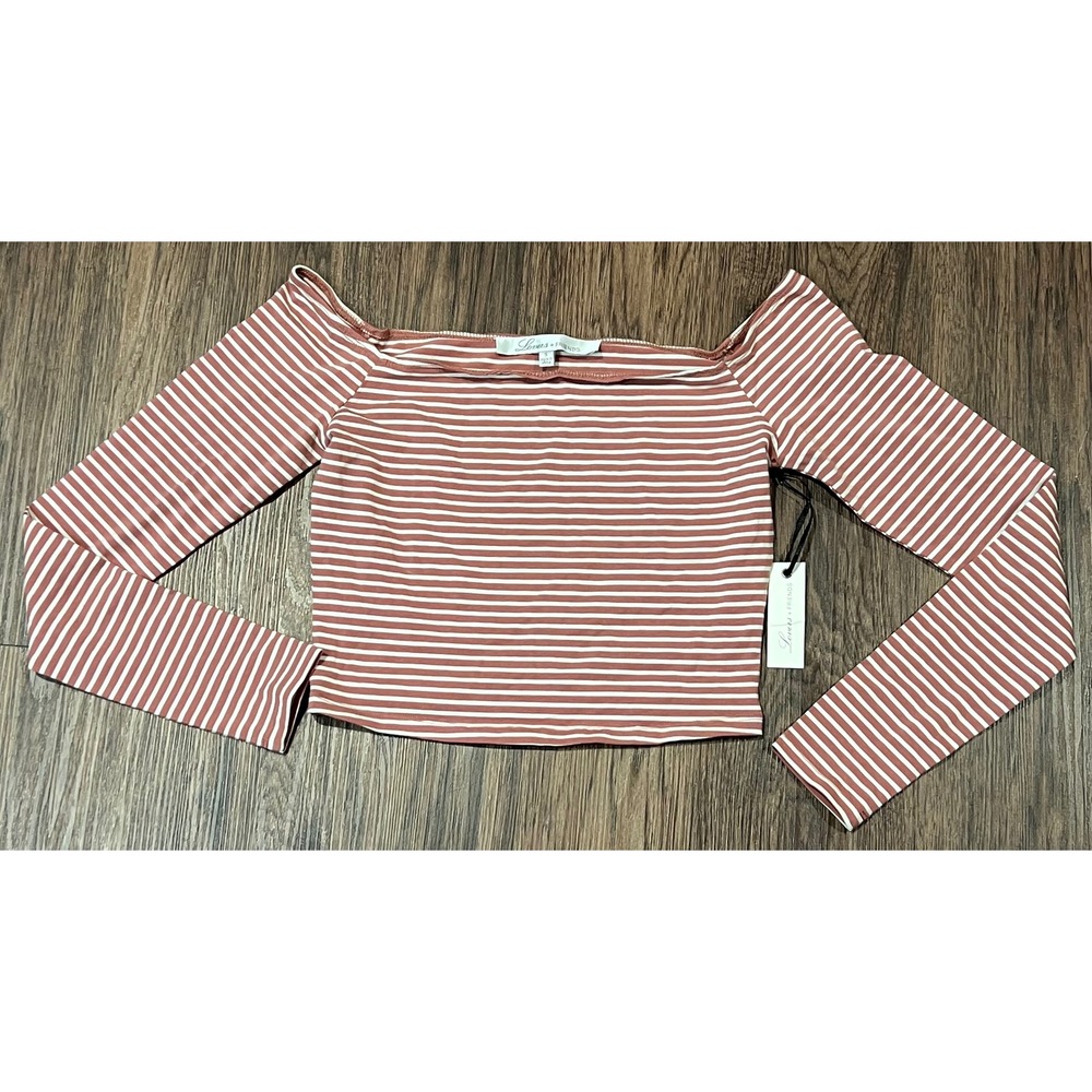 Lovers + Friends Mauve Pink White Striped Off Shoulder Crop Top Long Sleeve S